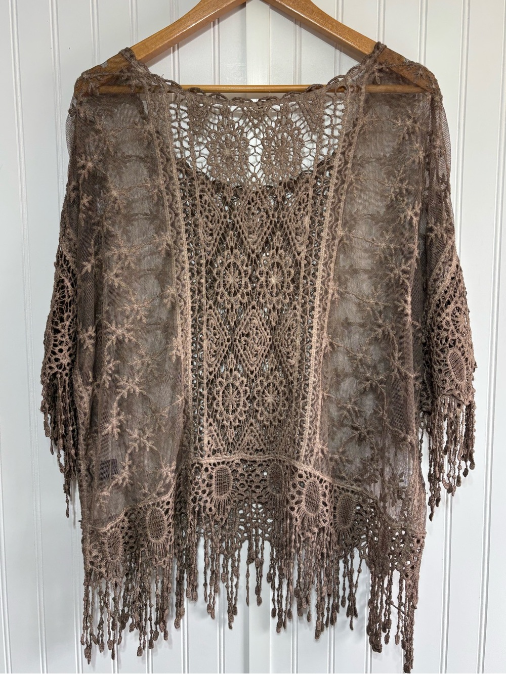 Boho Brown Crochet Lace Fringe Pullover Top Linen Blend Sheer Blouse Approx L/XL - Picture 7 of 13